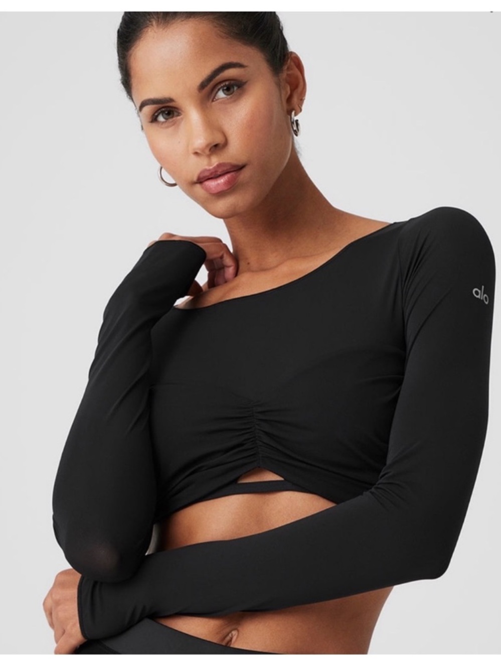 ALO Yoga Black Long-Sleeve Ruched Crop Top